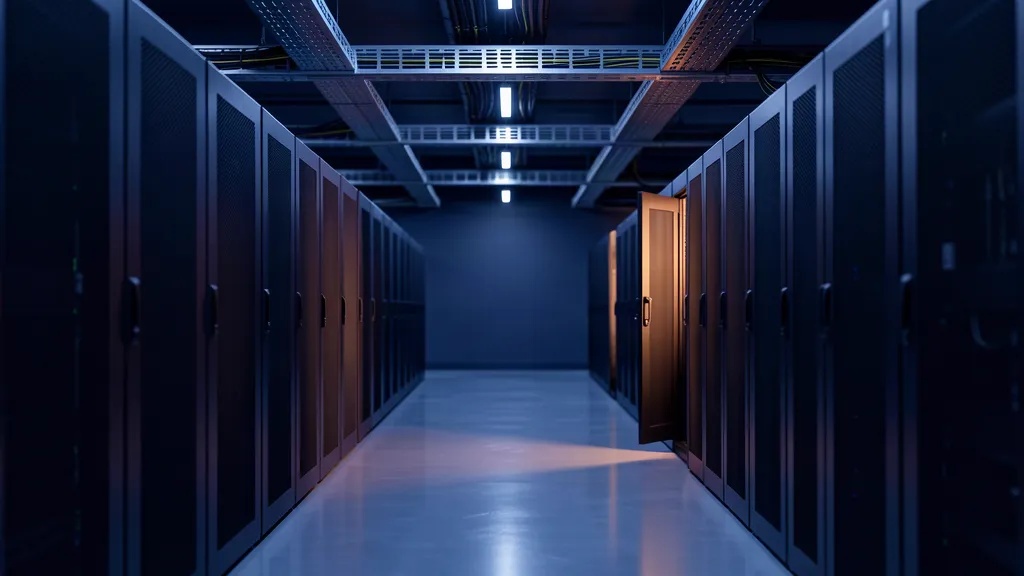 Serverraum mit zwei Reihen dunkler Racks und geordneter Verkabelung