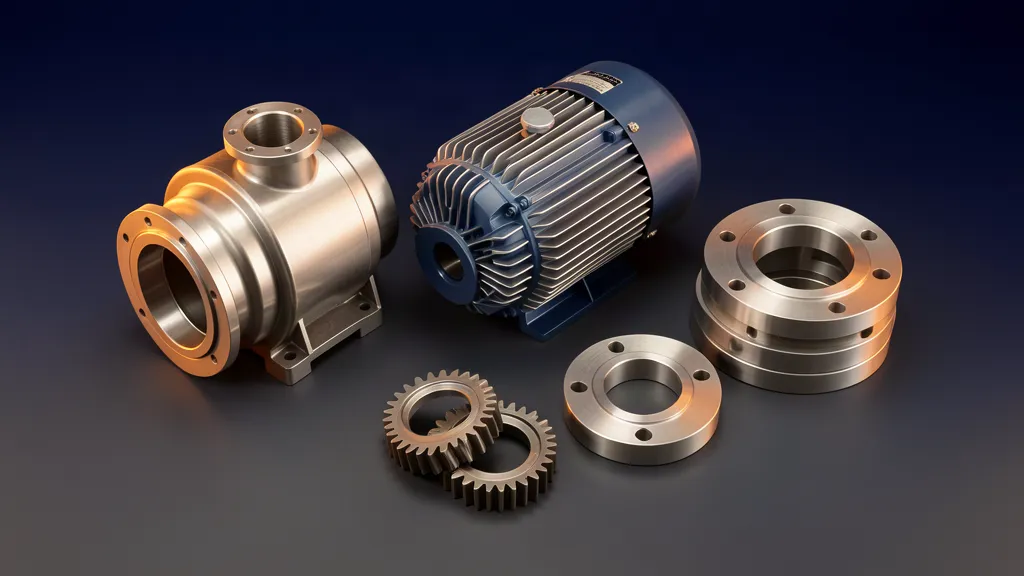 Industrielle Komponenten: Edelstahl-Pumpengehäuse, Elektromotor mit Kühlrippen und Präzisionszahnräder
